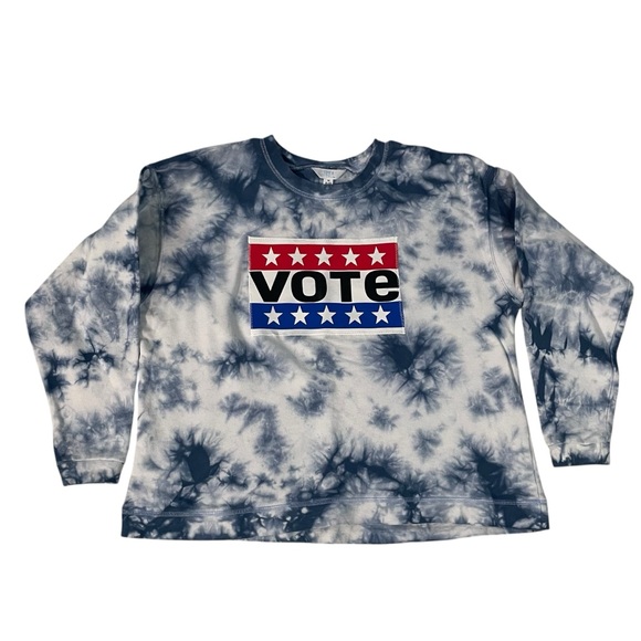 Upcycled Blue Tie Dye Vote Sweatshirt Size M stars red white blue - Picture 1 of 4
